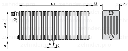 Схема (чертеж) Радиатор Zehnder Charleston 6045/19 №V007 Белый глянцевый RAL 9016